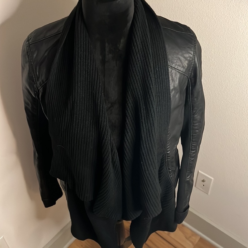 BLANK NYC vegan faux black leather cascade sweater front mixed media jacket Sz S